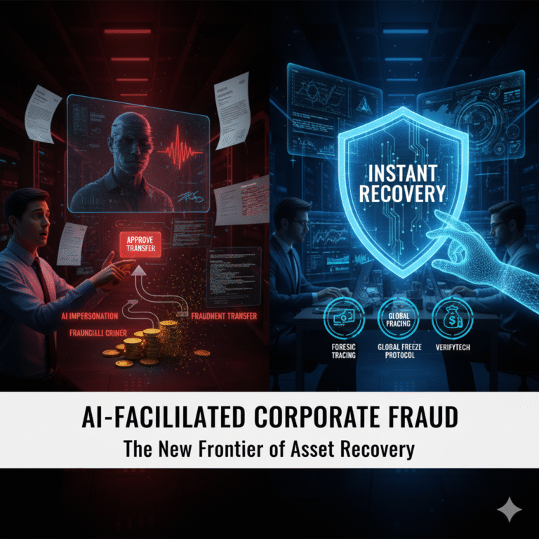 AI-Facilitated Corporate Fraud is symbolized by a digital hologram of an executive's face and a voice waveform overlaying a corporate finance desk, with fast-moving arrows representing instant asset tracing and a legal counter-strike.