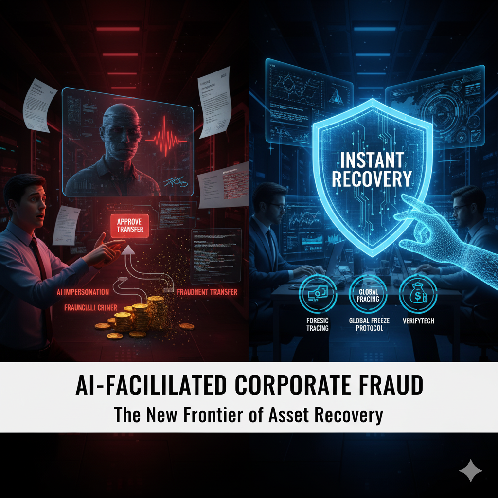 AI-Facilitated Corporate Fraud is symbolized by a digital hologram of an executive's face and a voice waveform overlaying a corporate finance desk, with fast-moving arrows representing instant asset tracing and a legal counter-strike.