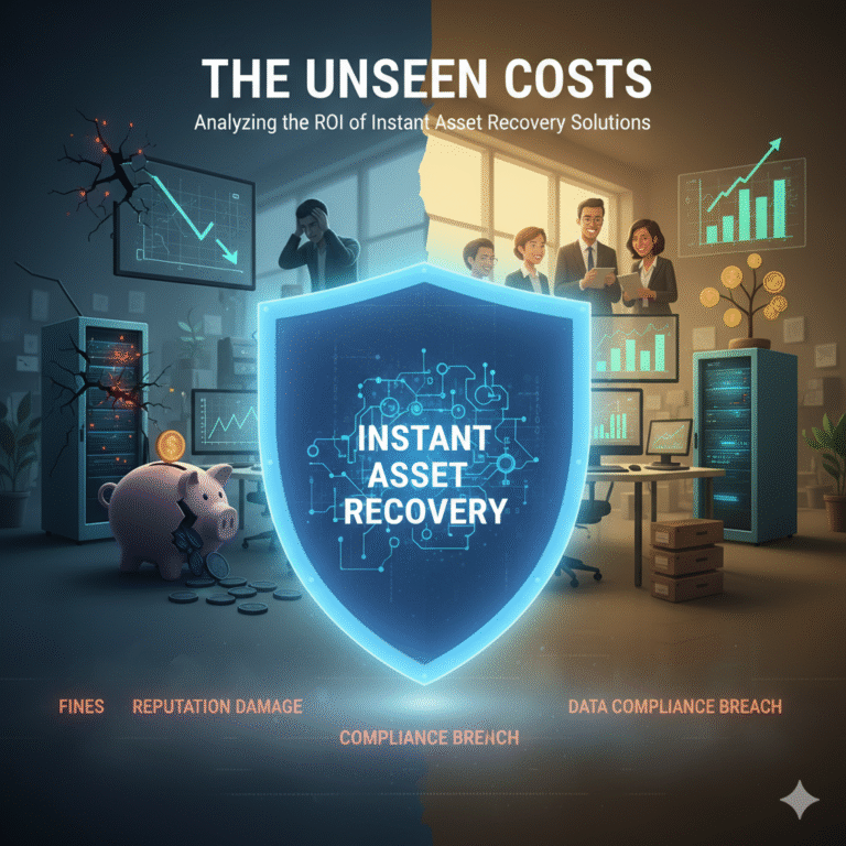 Data Governance Asset Recovery is represented by a digital shield protecting a cracked server, piggy bank, and financial charts from crippling regulatory fines (GDPR, HIPAA), compliance breaches, and reputational damage.