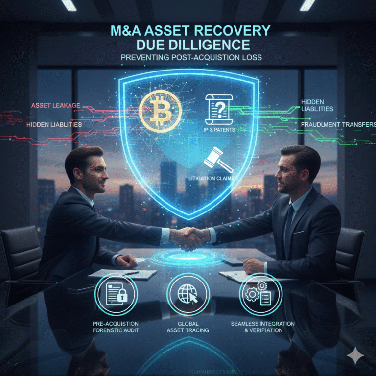 M&A Asset Recovery Due Diligence is depicted with two executives shaking hands. A glowing shield protects against asset leakage, hidden liabilities, and fraudulent transfers, encompassing icons for Bitcoin, IP, and litigation claims. This image illustrates pre-acquisition forensic auditing and seamless integration.