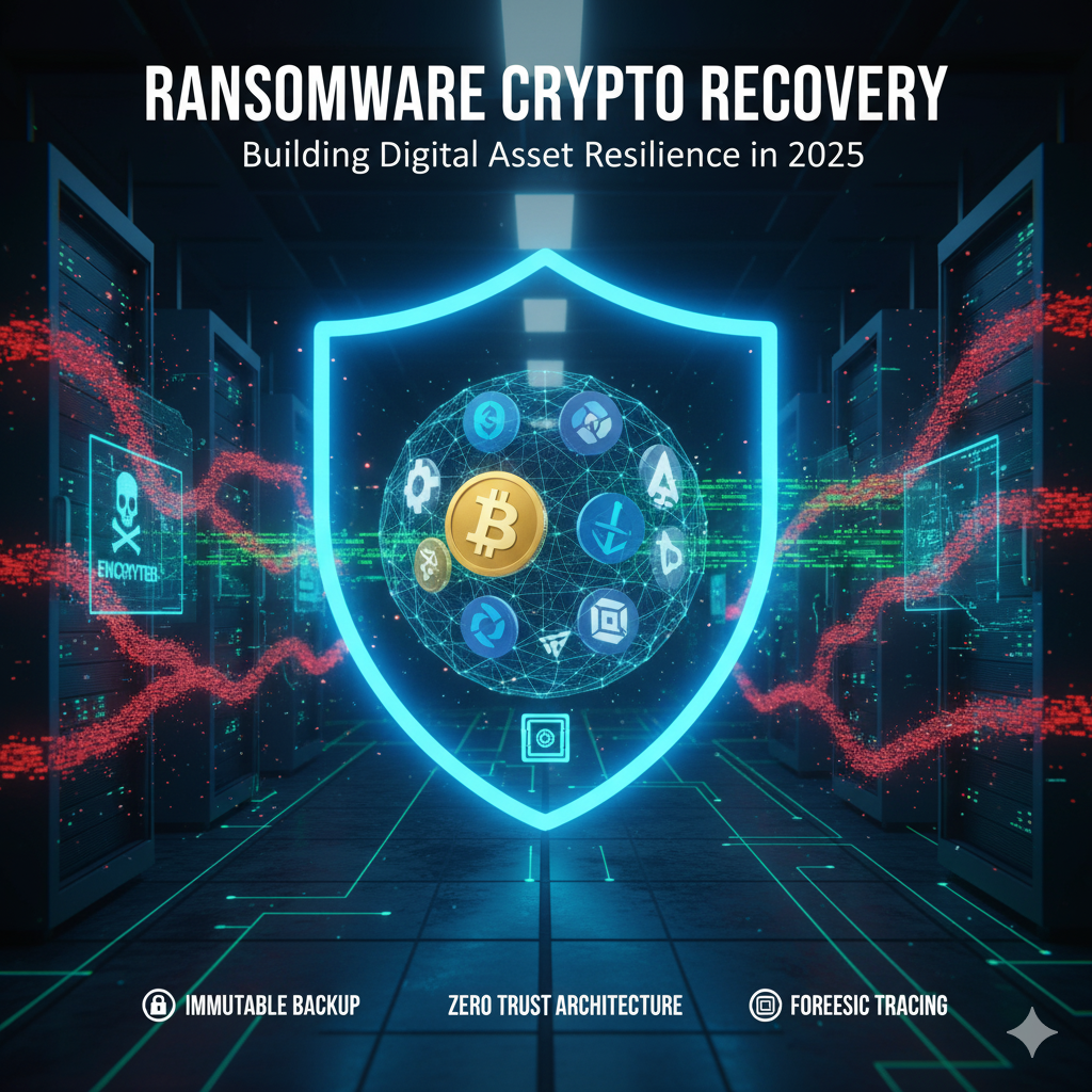Conceptual image of a glowing digital shield protecting a cracked server, a Bitcoin logo, and a secure data center, symbolizing digital asset cyber resilience against a cyber threat.