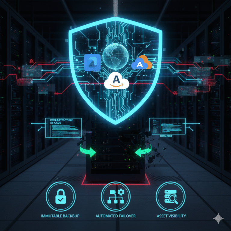 Hybrid Cloud Asset Recovery: Conceptual image illustrating Multi-Cloud Disaster Recovery success, showing data flowing seamlessly between three interconnected cloud logos (representing AWS, Azure, and GCP) managed by a central console displaying Infrastructure as Code (IaC).