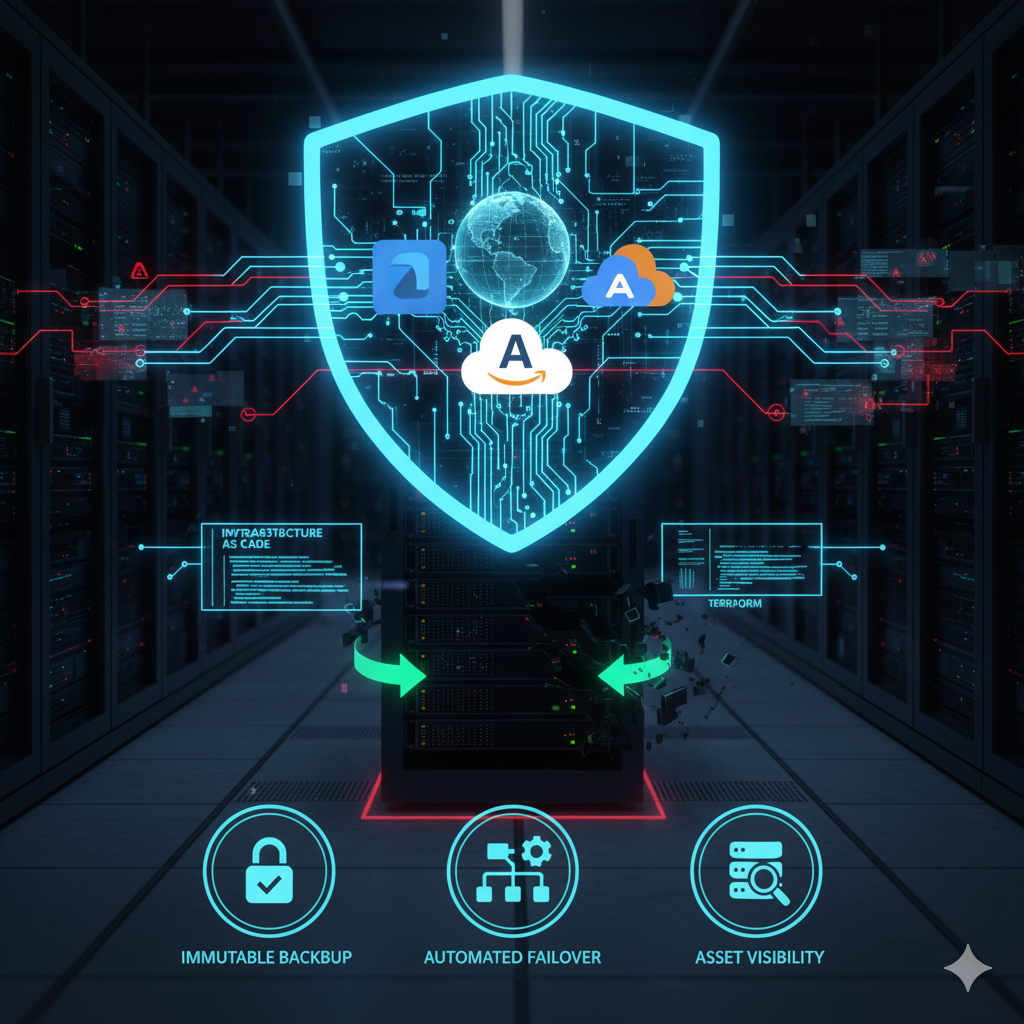 Hybrid Cloud Asset Recovery: Conceptual image illustrating Multi-Cloud Disaster Recovery success, showing data flowing seamlessly between three interconnected cloud logos (representing AWS, Azure, and GCP) managed by a central console displaying Infrastructure as Code (IaC).