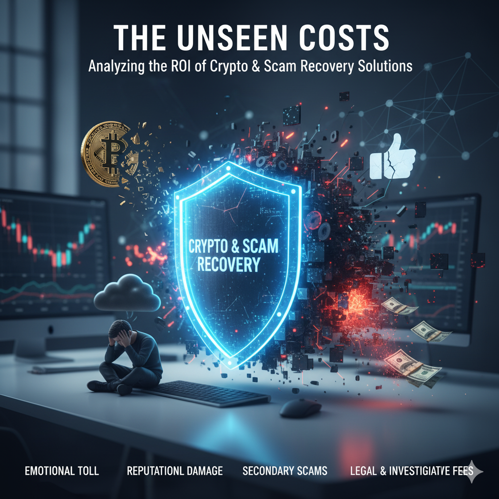 Conceptual image of a digital shield protecting a cryptocurrency wallet and a business team from crashing servers, labeled 'Crypto Scam Recovery', illustrating the return on investment of professional fund tracing and fraud mitigation.