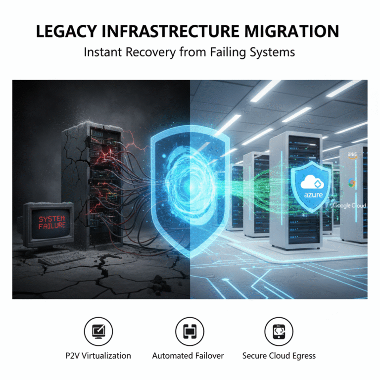 Legacy Infrastructure Migration depicted as a split image: on the left, an old, cracked server with a "SYSTEM FAILURE" screen; on the right, a modern, pristine cloud data center with an Azure logo. A central digital shield and glowing lines connect the failing legacy system to the new, secure cloud, symbolizing Instant Recovery from Failing Systems through P2V Virtualization.