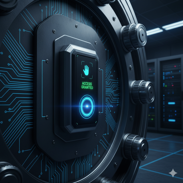 Image of a digital vault door unlocking instantly for locked brokerage account retrieval